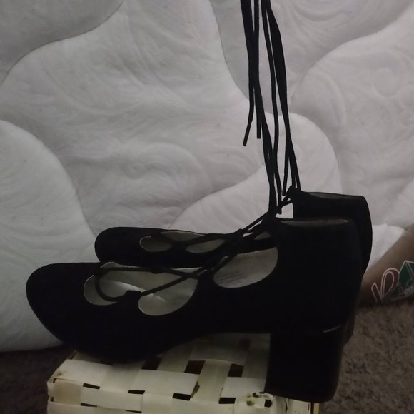 Black Lace-Up Suede Block Heels - Picture 2 of 3
